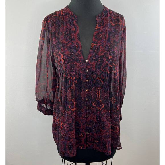 JOIE Red Black Print Long Sleeve V-Neck Button Down Silk Blouse Size Medium M - Picture 2 of 5